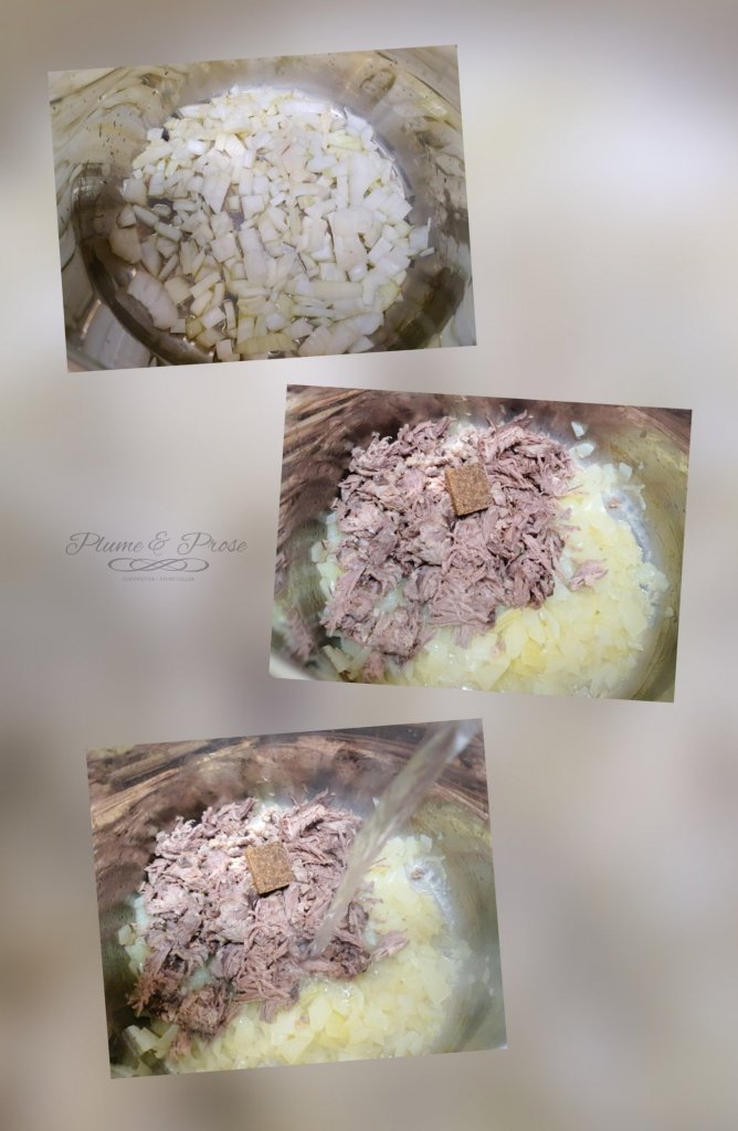 Préparation du "Lekhotloane" ou le boeuf pilé sur lit de morogo aux pommes de terre